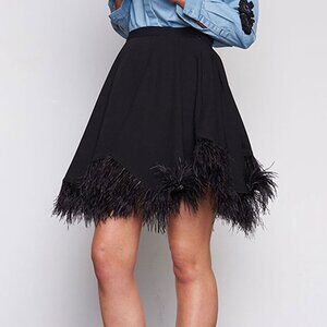 Isla Black Feather‑Trim Skater Skirt in Black in XS, S, M